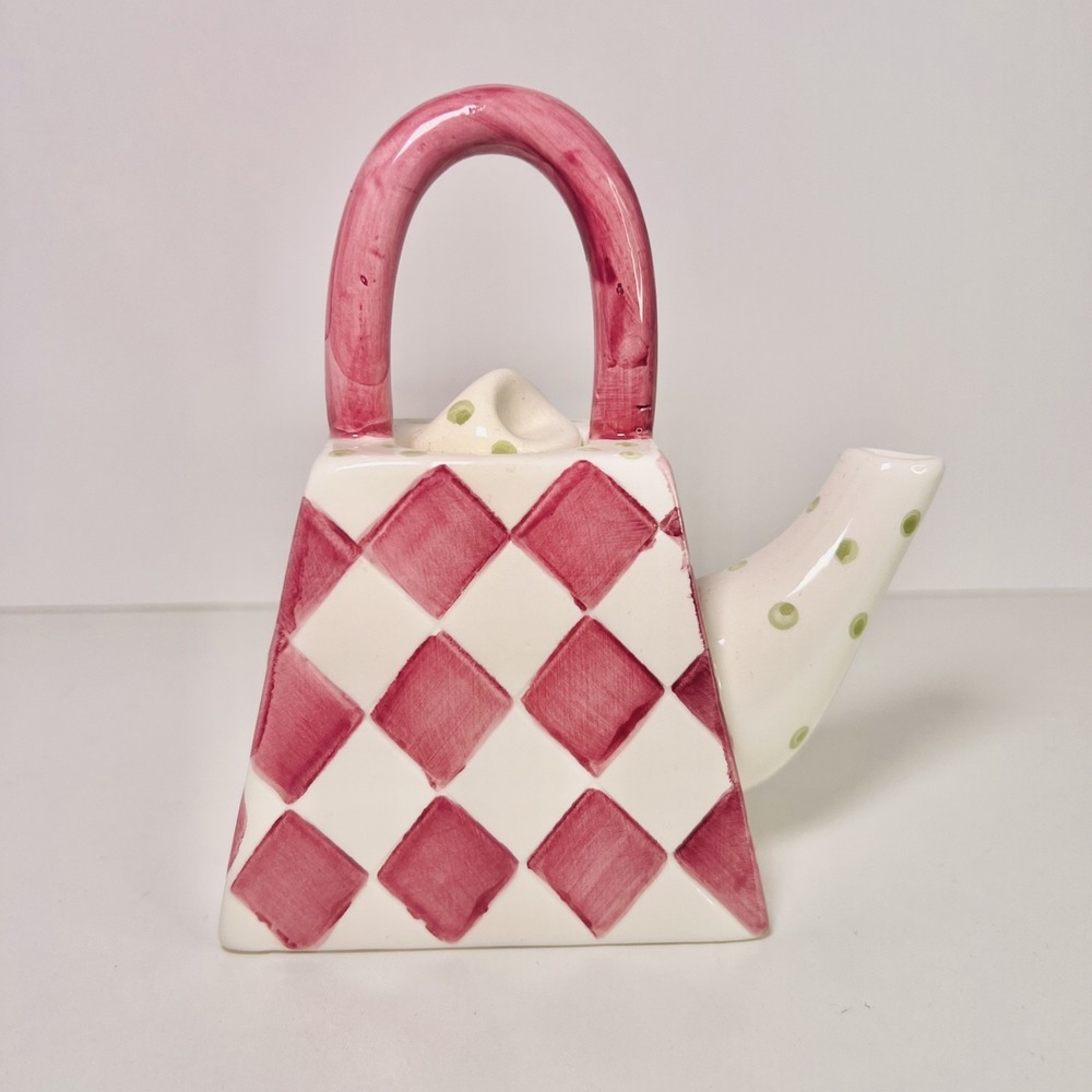 Vintage Ceramic Handbag Purse Teapot Pink White Diamond & Polka Dot Harlequin
